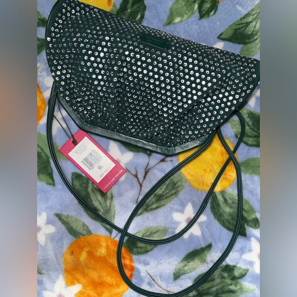 Dark Green Vince Camuto Genuine Leather Rhinestone Studded Crossbody Bag NWT - Picture 7 of 17